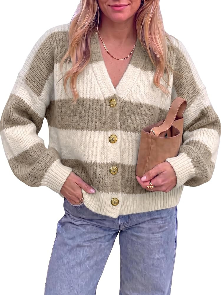Fisoew Womens Striped Open Front Cardigan Sweaters V Neck Outerwear | Amazon (US)