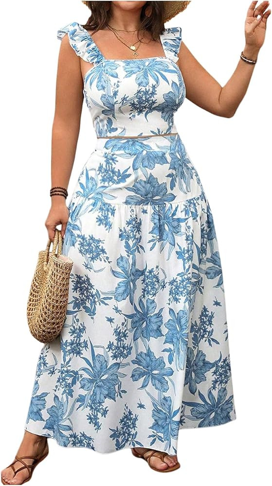 Floerns Women's Plus Size 2 Piece Outfit Floral Ruffle Sleeve Tops Maxi Skirt Set | Amazon (US)