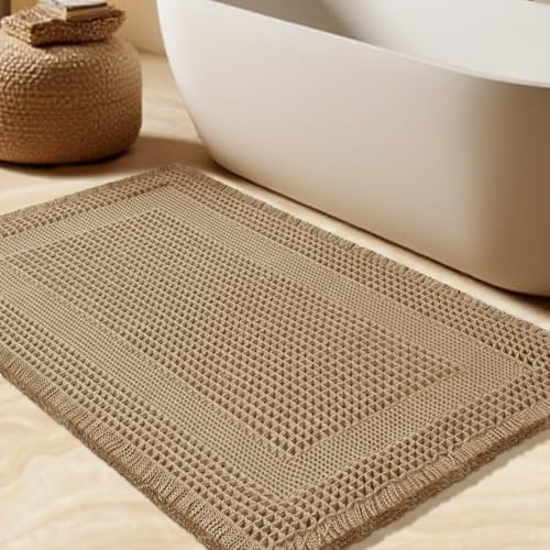 Waffle Bath Mat, Boho Woven Modern Bath Rug Absorbent Non Slip, Ultra Soft Bathroom Mats, Machine Washable Knit Bath Rugs with Tassels for Bathroom, Bedroom, Kitchen, Shower, Tub, Beige, 32"x20" | Amazon (US)