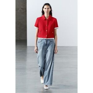 EUC ZARA TEXTURED CROPPED JACKET ZW COLLECTION INTENSE RED M Tweed | Poshmark