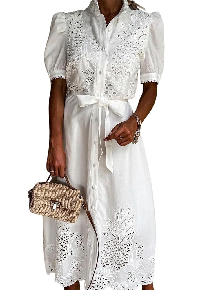 utcoco Women's Embroidered Eyelet Shirt Dresses Belted Puff Sleeve Button Down Swing Boho Cotton ... | Amazon (US)