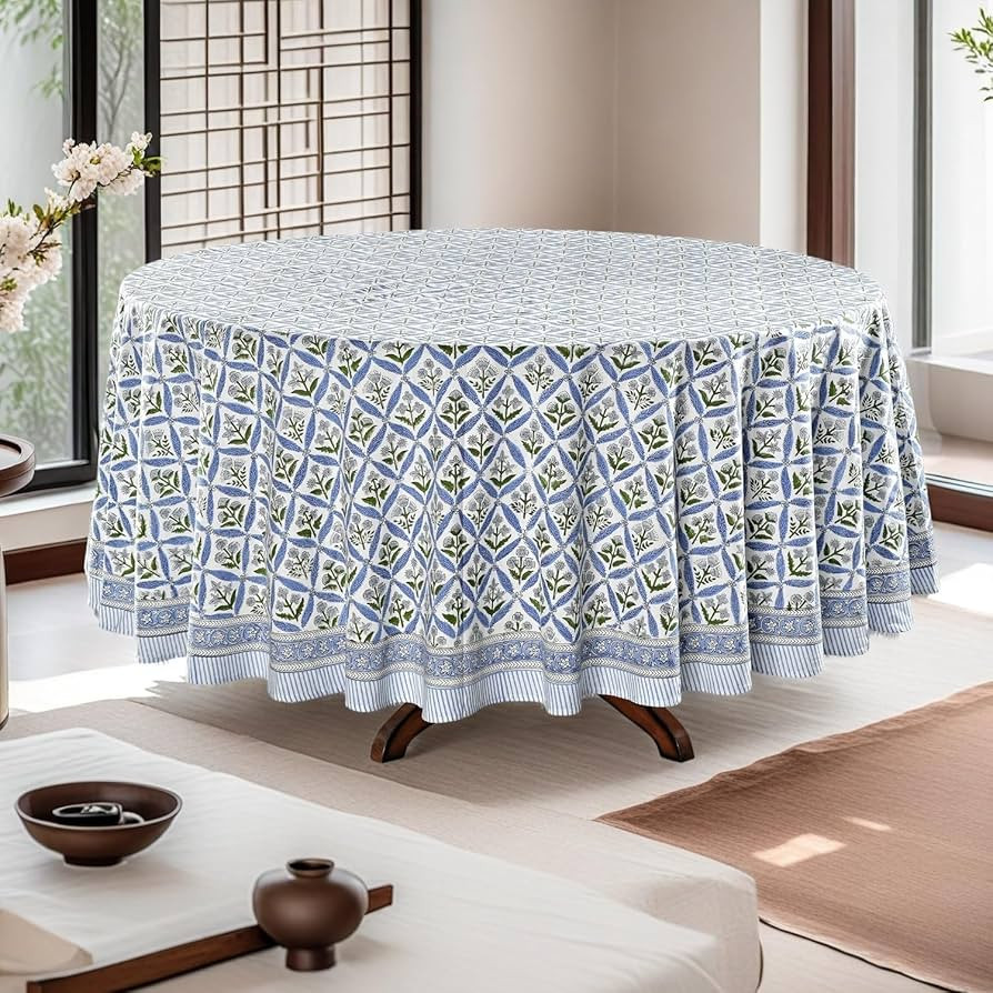 Ridhi Light Steel Blue 100% Cotton Round 120 Tablecloth Hand Block Print Washable Reusable Table ... | Amazon (US)