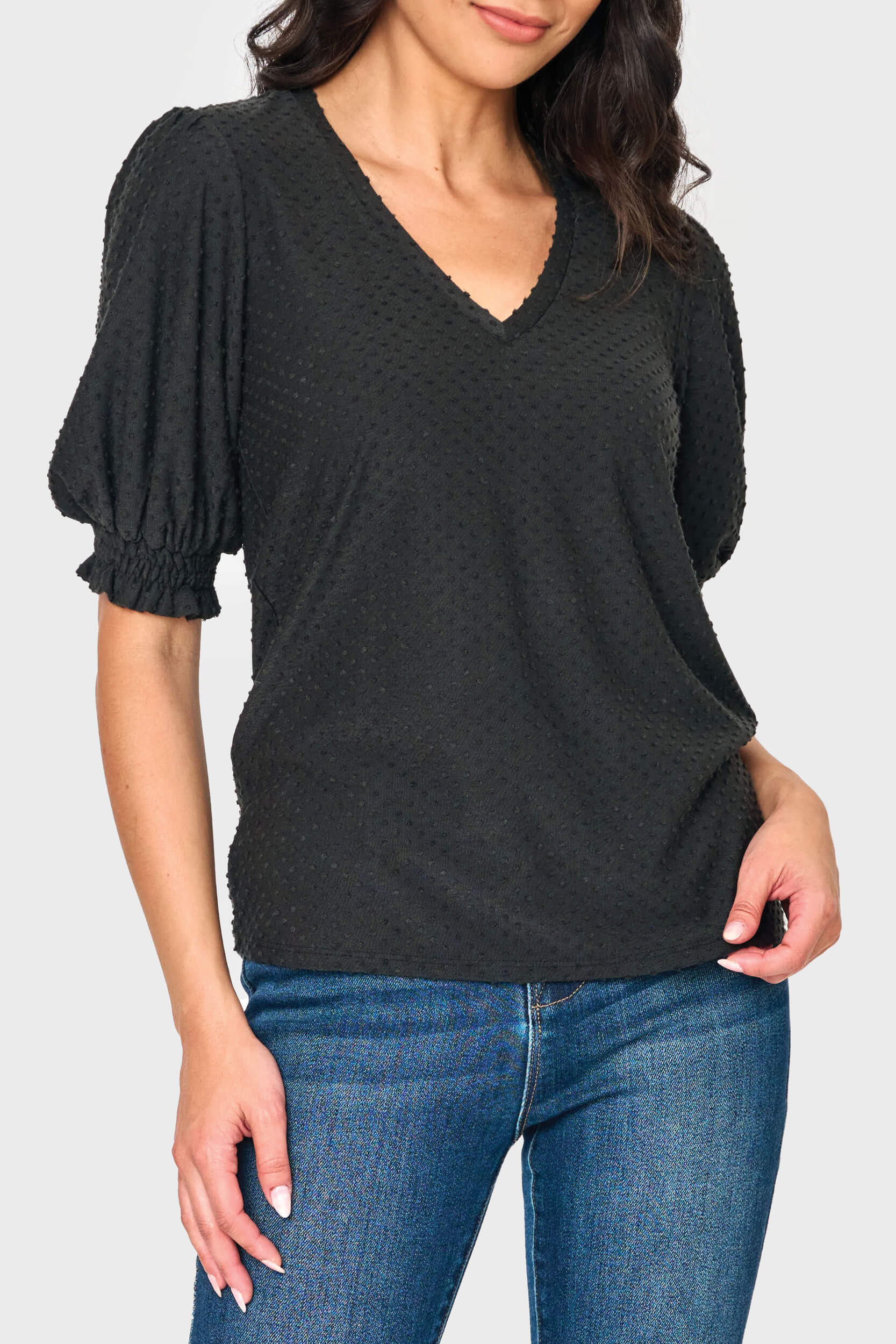Clip Dot Elbow Puff Sleeve V-Neck | Gibson