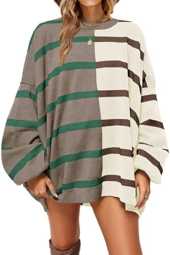 Fisoew Womens Striped Pullover Sweater Crew Neck Long Sleeve Knitted Color Block Casual Loose Lig... | Amazon (US)