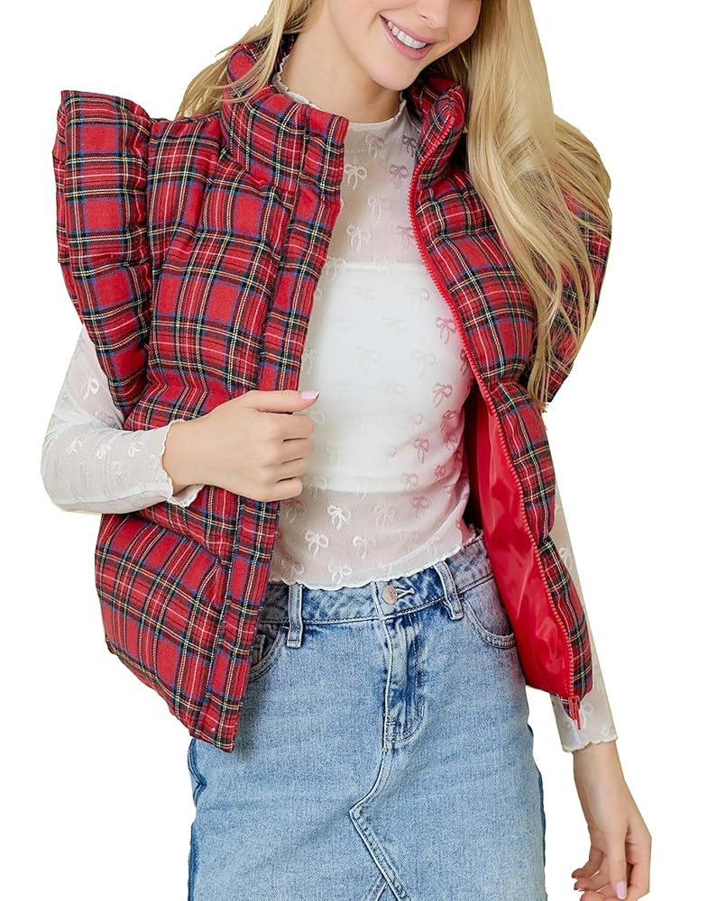 Kedera Women's Ruffle Sleeve Puffy Puffer Vests Winter Button Down Padded Gilet with Pocket | Amazon (US)