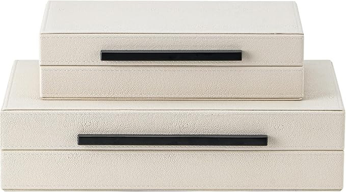 Set of 2 Beige Shagreen Decorative Storage Boxes with Black Metal Handles – Faux Leather Jewelr... | Amazon (US)
