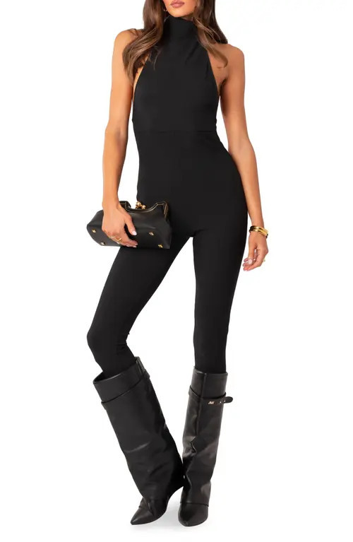 EDIKTED Aero Open Back Halter Jumpsuit in Black at Nordstrom, Size Small | Nordstrom