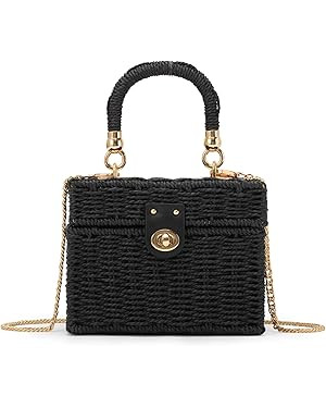 Fecialy Women Handwoven Rattan Handbag Beach Straw Tote Bag Square Boho Crossbody Bag | Amazon (US)