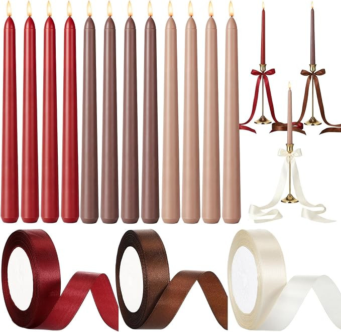 12 Pcs Dark Red and Brown Taper Candles with 3 Roll Ribbon 10 Inch Candle, Candlestick Decor for ... | Amazon (US)