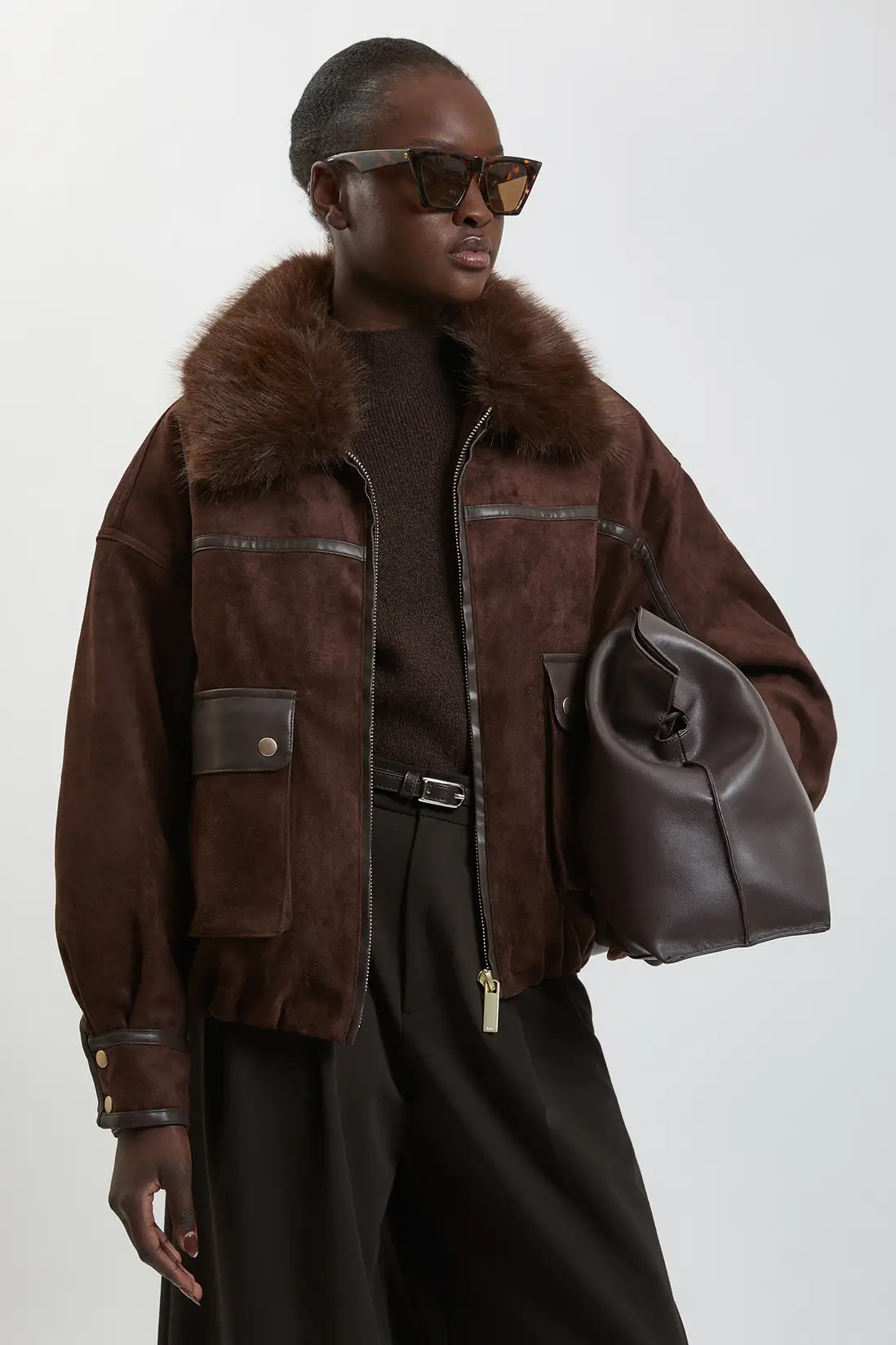Faux Leather Mix Short Bomber Jacket | Karen Millen