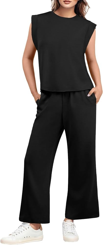 GRECERELLE 2025 Two Piece Sets for Women Summer Round Neck Cap Sleeve Top and Wide Leg Pants with... | Amazon (US)