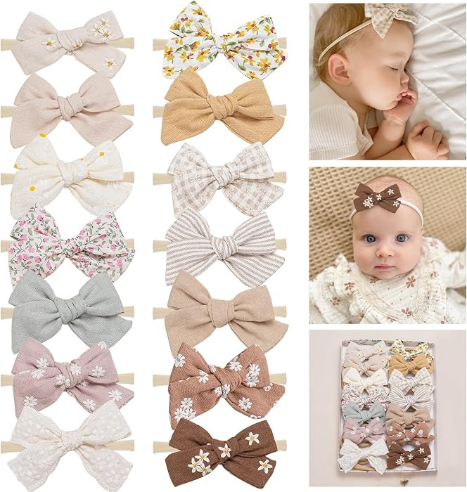 Fancy Clouds Baby Girl Bows and Headbands,14 pcs Stretchy Soft Nylon Hairbands Hair Bows for Newb... | Amazon (US)