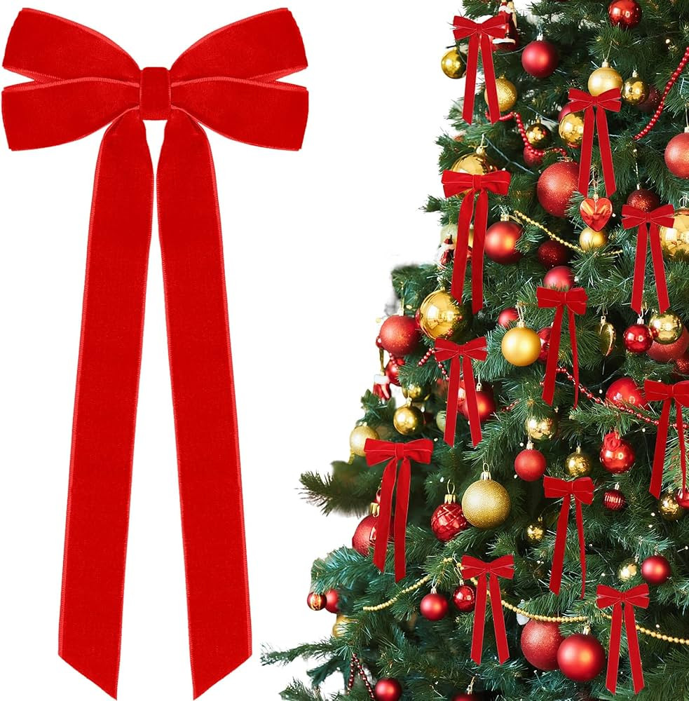 12Pcs Red Velvet Ribbon Bows Christmas Tree Decorations,5in x 10in Xmas Ornaments for Tree Home P... | Amazon (US)