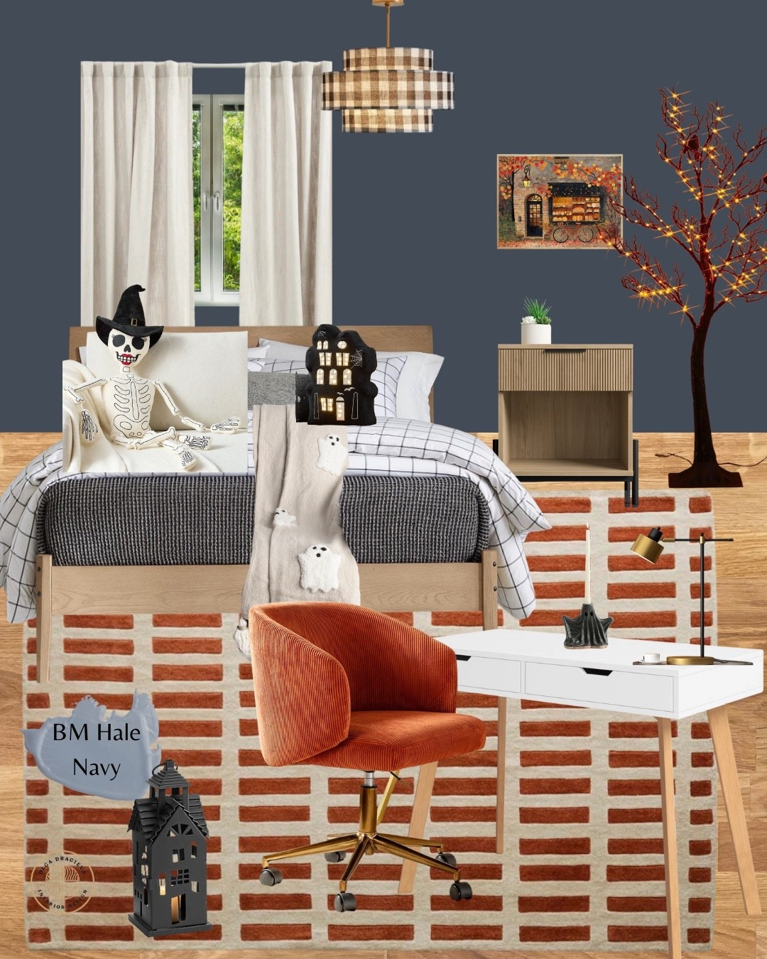 Kids room decorated for Halloween! I am not usually big on Halloween but my daughter is so excited that this year I am definitely putting more seasonal touches. I am loving the fun pillows from Pottery Barn—currently on sale. Affordable office chair and rug, light up tree, lighting from Pottery Barn. Affordable bed from Wayfair. #homedecor #kidsroom #affordabledesign 

#LTKHalloween #LTKKids #LTKHome