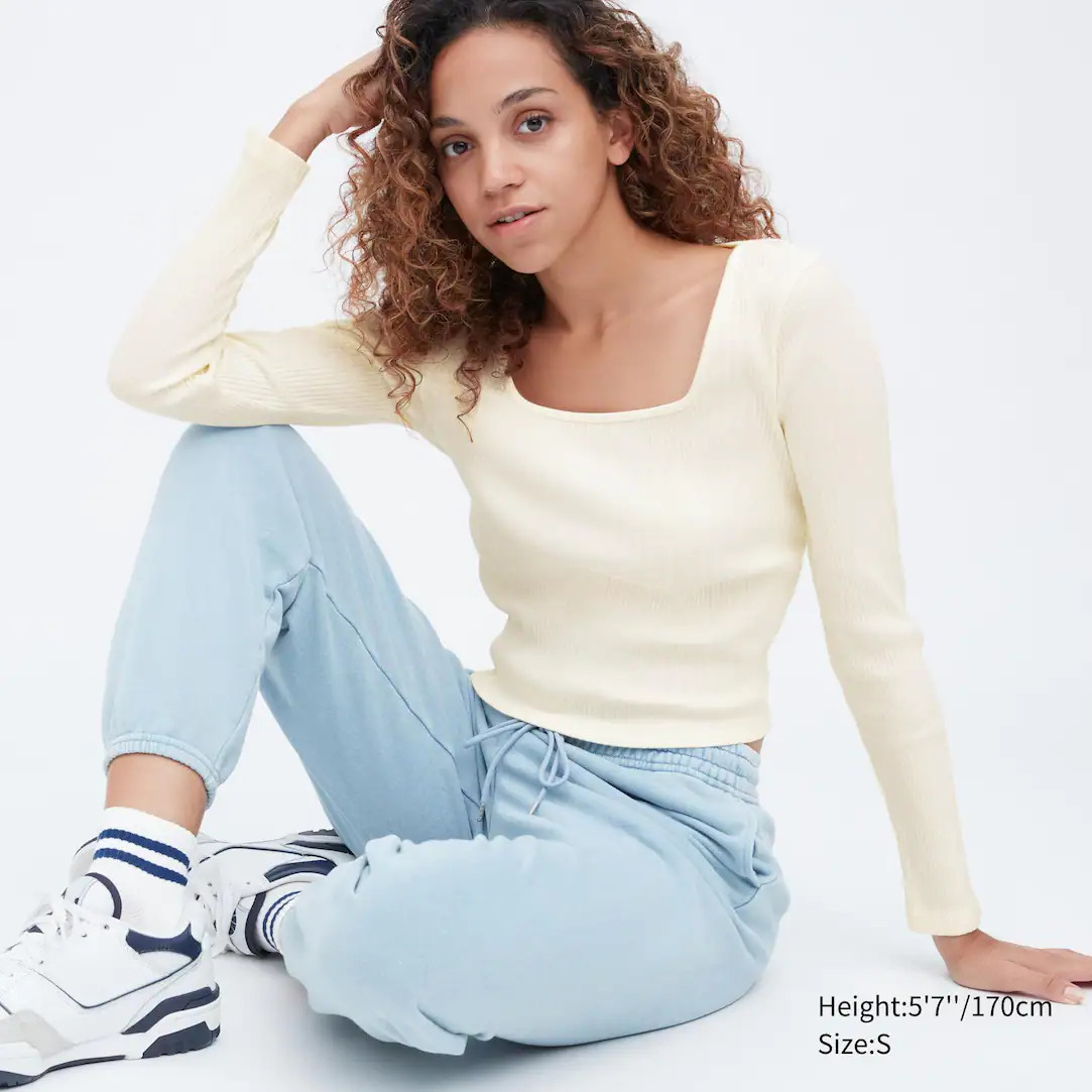 Geripptes cropped Langarmshirt mit Karree-Ausschnitt | UNIQLO (DE)