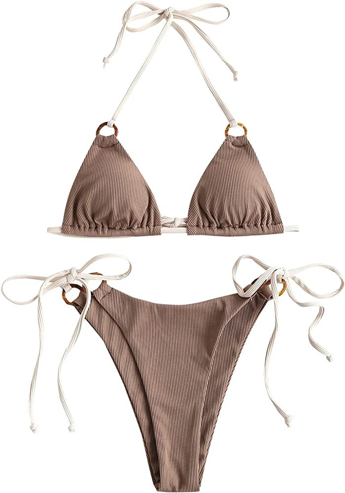 ZAFUL Women's Halter Triangle Bikini Ribbed String Smocked Swimwear Cheeky Thong Swimsuit High Cu... | Amazon (US)