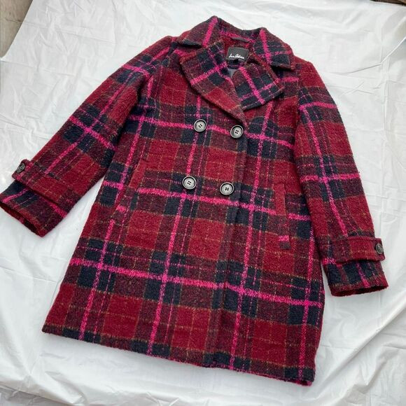 Sam Edelman Pink Red Plaid Coat | Wool Blend Double Breasted Peacoat | Poshmark