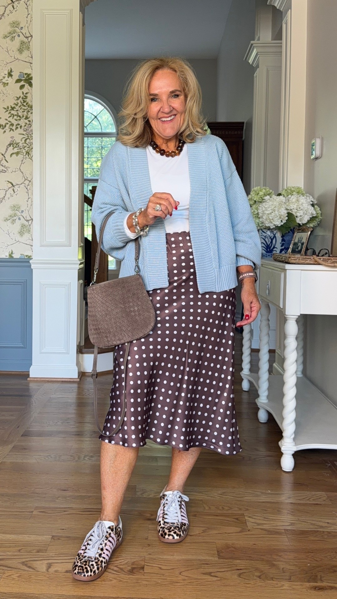 I like mixing a casual cardigan with something a little dressier, like these silk pants. I’m wearing a medium in the blue cotton cardigan and silk pants, and a large in the white tee.