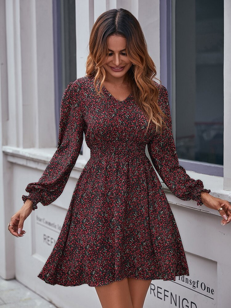 Ditsy Floral Print Shirred A-line Dress | SHEIN