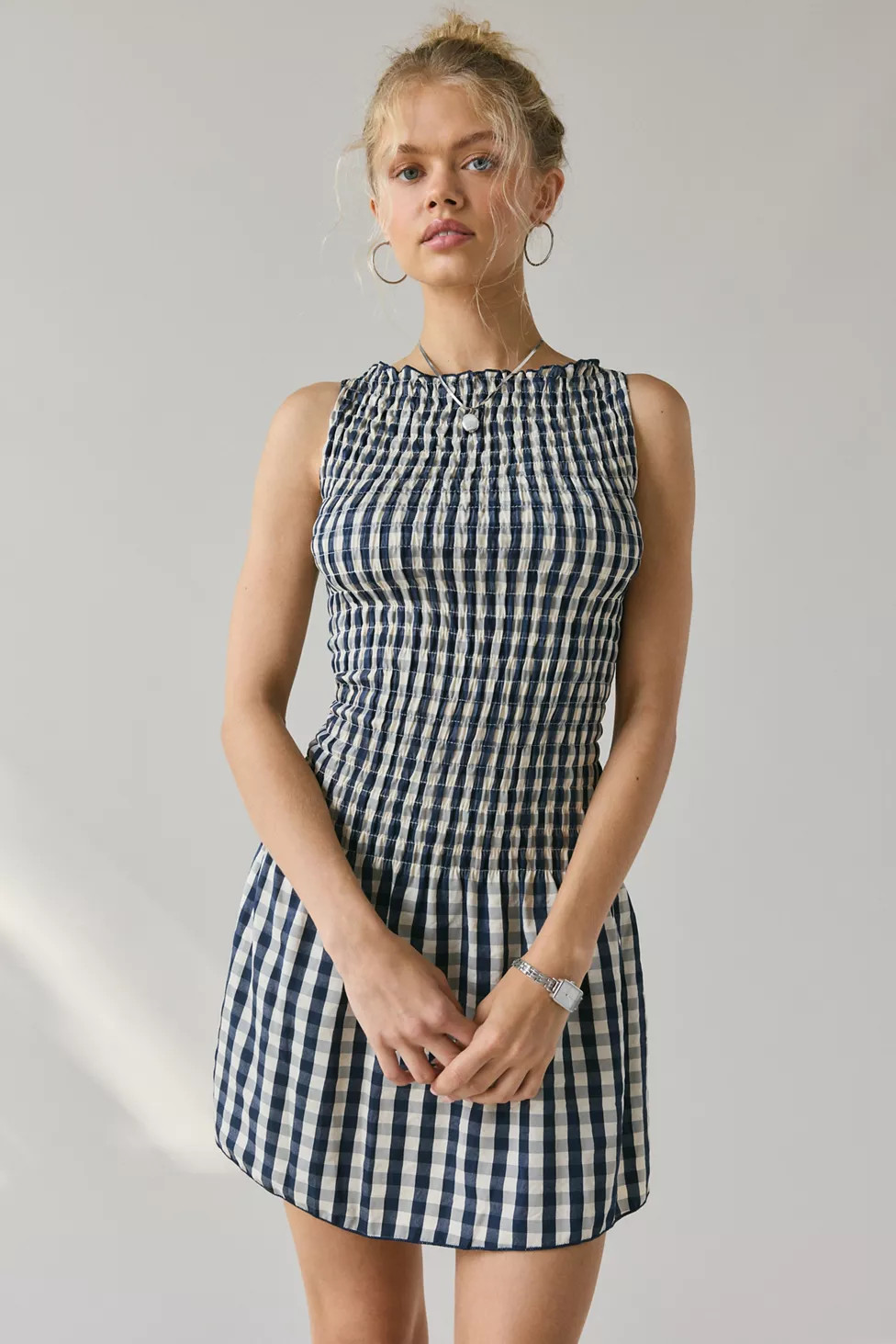 Daisy Street Gingham Seersucker Boatneck Smocked Mini Dress | Urban Outfitters (US and RoW)