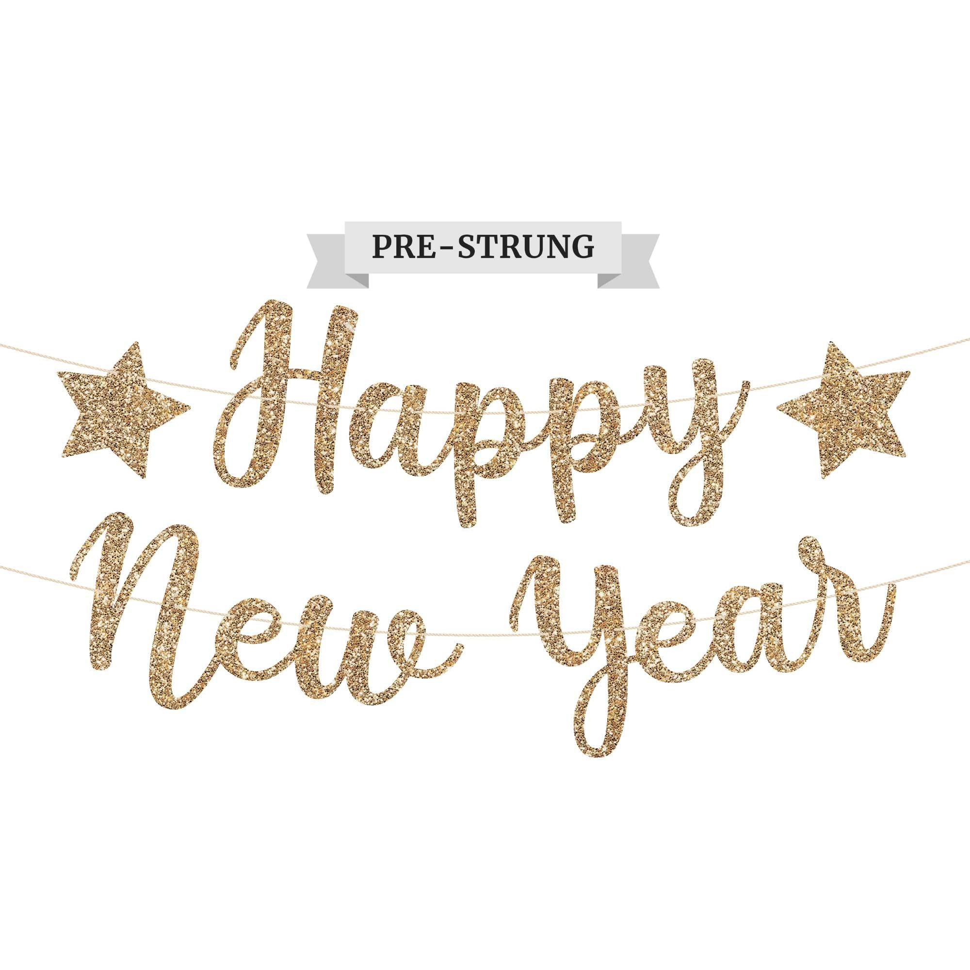 Pre-strung Happy New Year Banner - No DIY - Gold Glitter New Years Eve Party Banner in Script- Pr... | Amazon (US)