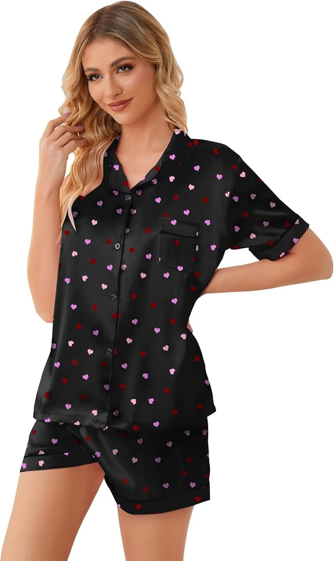 Schbbbta Women Pajamas Set, 2 Pieces Satin Silk Button Down Pjs Short Sleeve Outfits Loungewear | Amazon (US)
