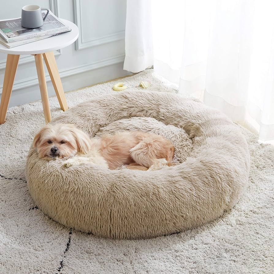 Calming Dog Bed & Cat Bed, Anti-Anxiety Donut Cuddler Warming Cozy Soft Round Fluffy Faux Fur Plu... | Amazon (US)