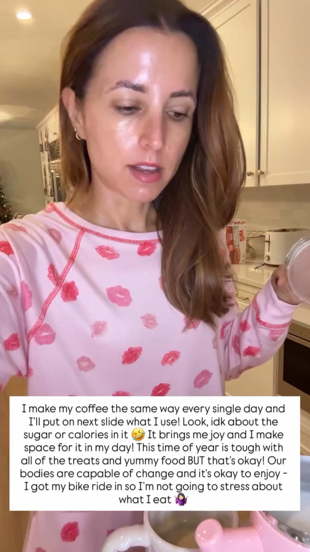 I make my coffee the same way every single day and I’ll put on next slide what I use! Look, idk about the sugar or calories in it 🤣 It brings me joy and I make space for it in my day! This time of year is tough with all of the treats and yummy food BUT that’s okay! Our bodies are capable of change and it’s okay to enjoy - I got my bike ride in so I’m not going to stress about what I eat 🤷🏻‍♀️