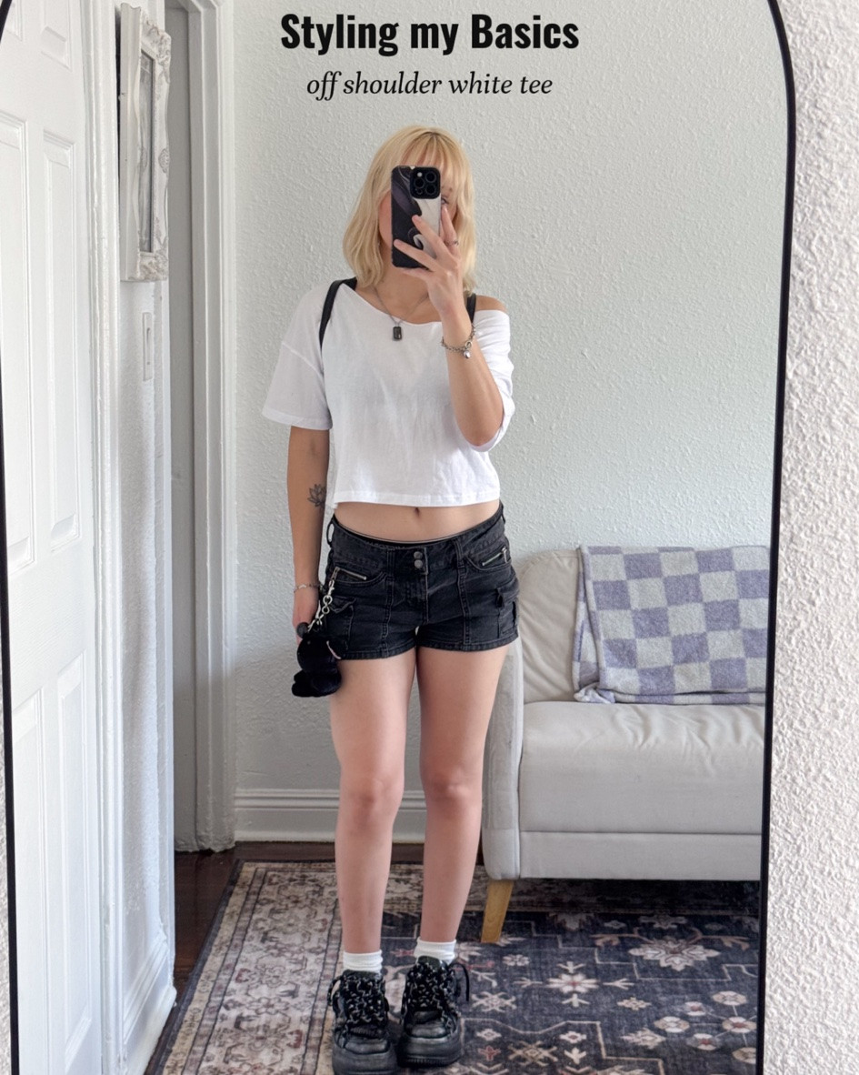 hiii! here’s a very very simple alternative outfit idea, styling one of my capsule pieces: my loose off shoulder white tee! 🖤 i wanted to come up with an outfit that is an easy go to. minimal effort, but still expresses my edgy style!  hope you like it :)

sold out or unable to link:
shorts - target
shoes - koi footwear
backpack - thrifted #casualstyle #styleinspo  #edgystyle

#LTKootd