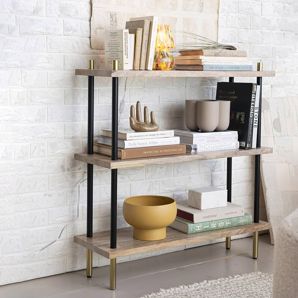 Bloomingville Mango Wood and Metal 3-Tier Shelf with Brass Finish Legs, Natural and Black | Amazon (US)