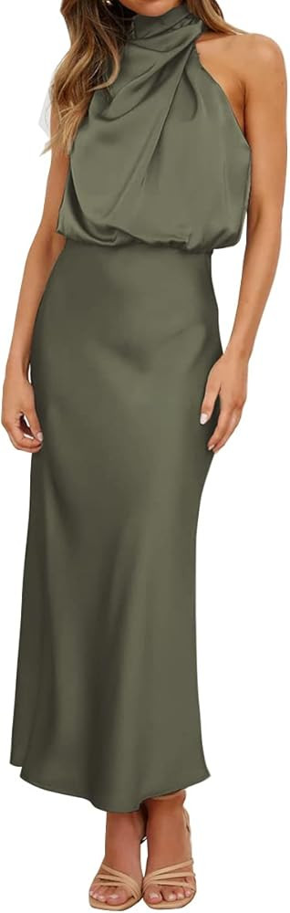 Hatant Satin Maxi Dress for Women Silk Wedding Guest Dress Maxi Dress Sleeveless Elegant Halter N... | Amazon (US)