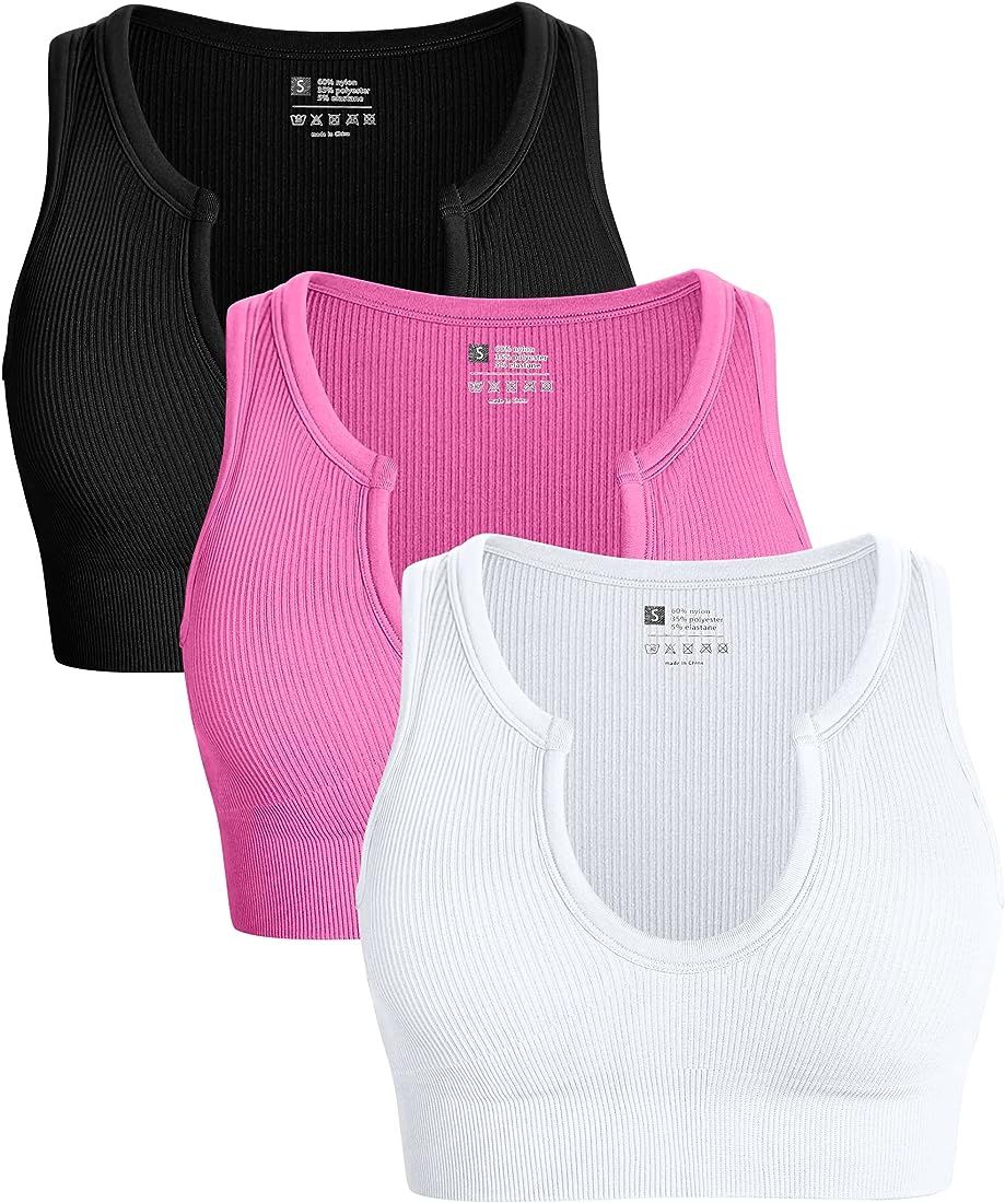 OQQ Women's 3 Piece Medium Support Crop Top Seamless Ribbed Removable Cups Workout Yoga Sport Bra | Amazon (US)