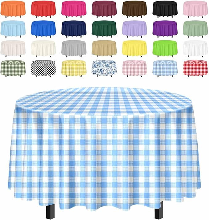 SietDESEO 2 Pack Light Blue Gingham Tablecloth Round 84 x 84 Blue and White Checkered Table Cloth... | Amazon (US)