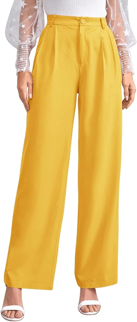 SweatyRocks Women's Casual Wide Leg High Waisted Button Down Straight Long Trousers Pants | Amazon (US)