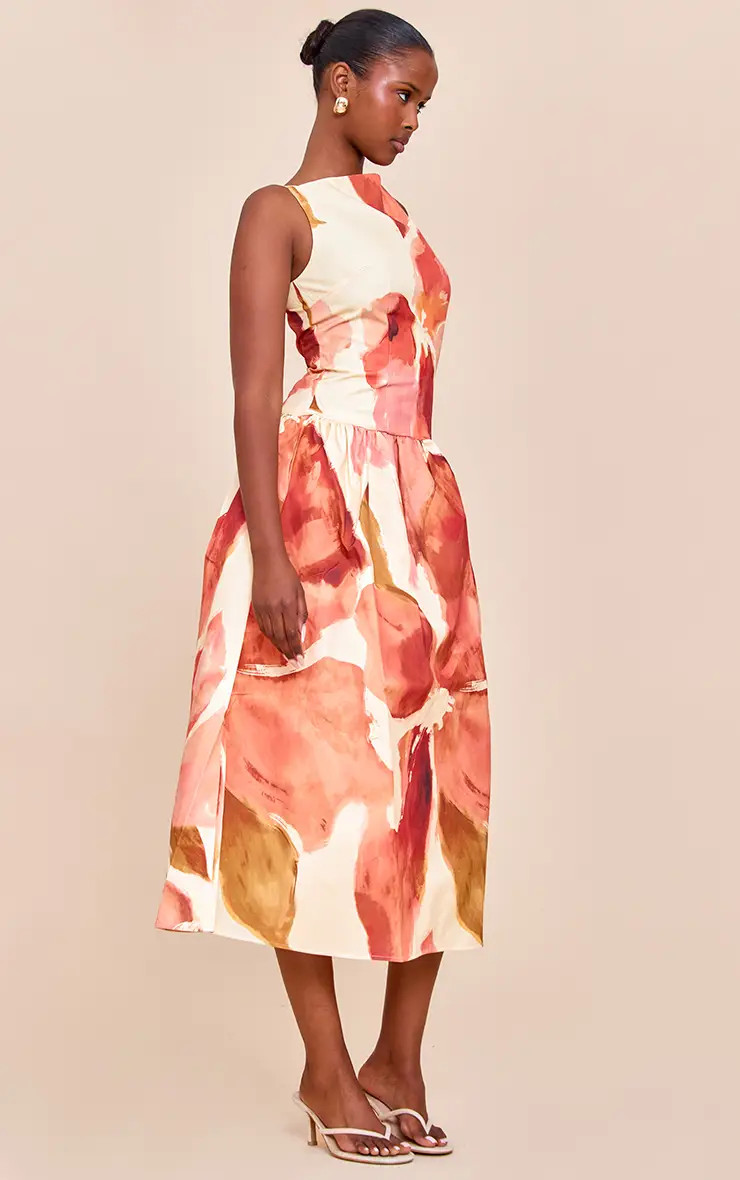 Orange Floral Print Dropped Waist Midaxi Dress | PrettyLittleThing UK