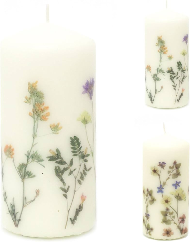 Les Fleurs Pillar Candle with Flowers | Botanical Unscented Candle Decorative Candles - Design Va... | Amazon (UK)