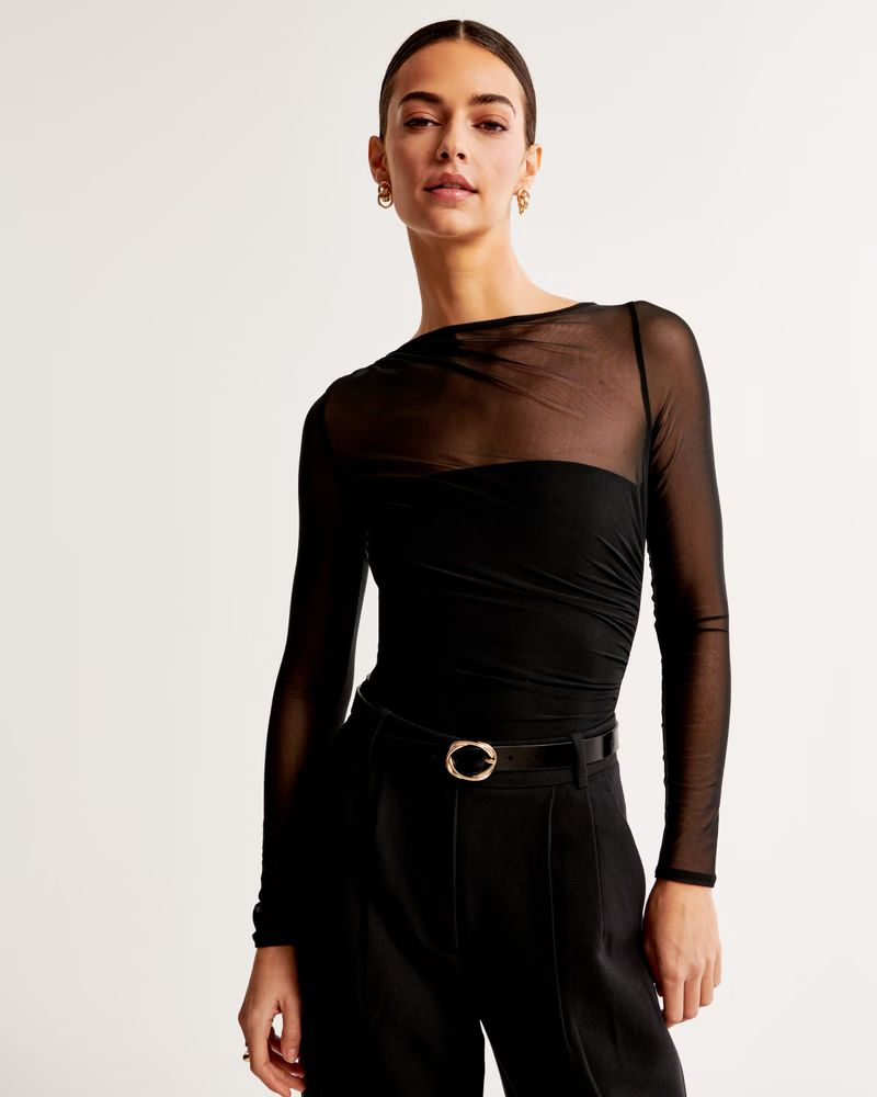 Women's Long-Sleeve Draped Mesh Bodysuit | Women's Tops | Abercrombie.com | Abercrombie & Fitch (US)