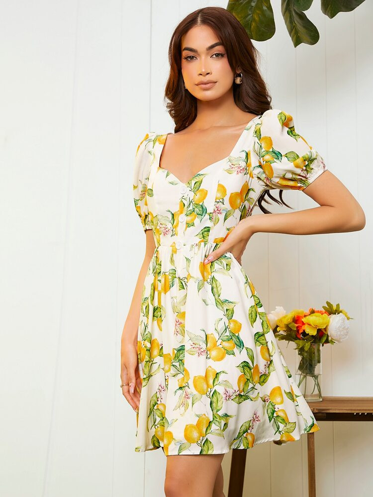 SHEIN Lemon Print Sweetheart Neck Puff Sleeve Dress | SHEIN