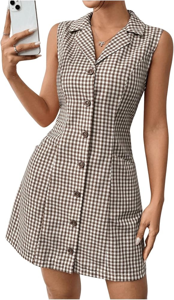 MakeMeChic Women's Plaid Gingham Lapel Button Down Short Dresses Sleeveless A Line Shirt Dress wi... | Amazon (US)