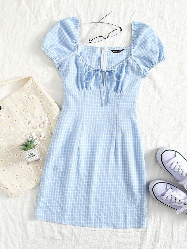 Tie Front Grid Print Dress | SHEIN