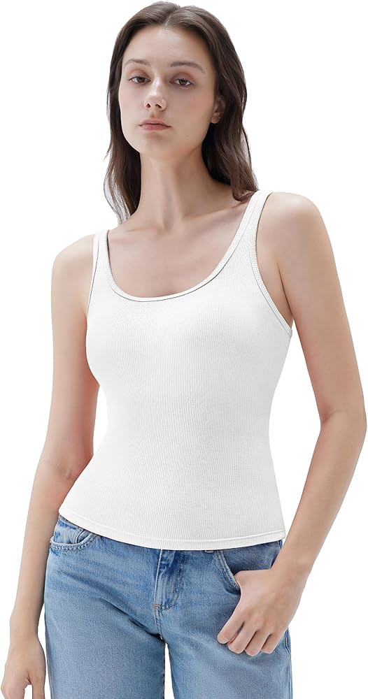 SUUKSESS Women Padded Cotton Ribbed Long Tank Tops 2025 Summer Going Out Basic Scoop Neck Cami To... | Amazon (US)