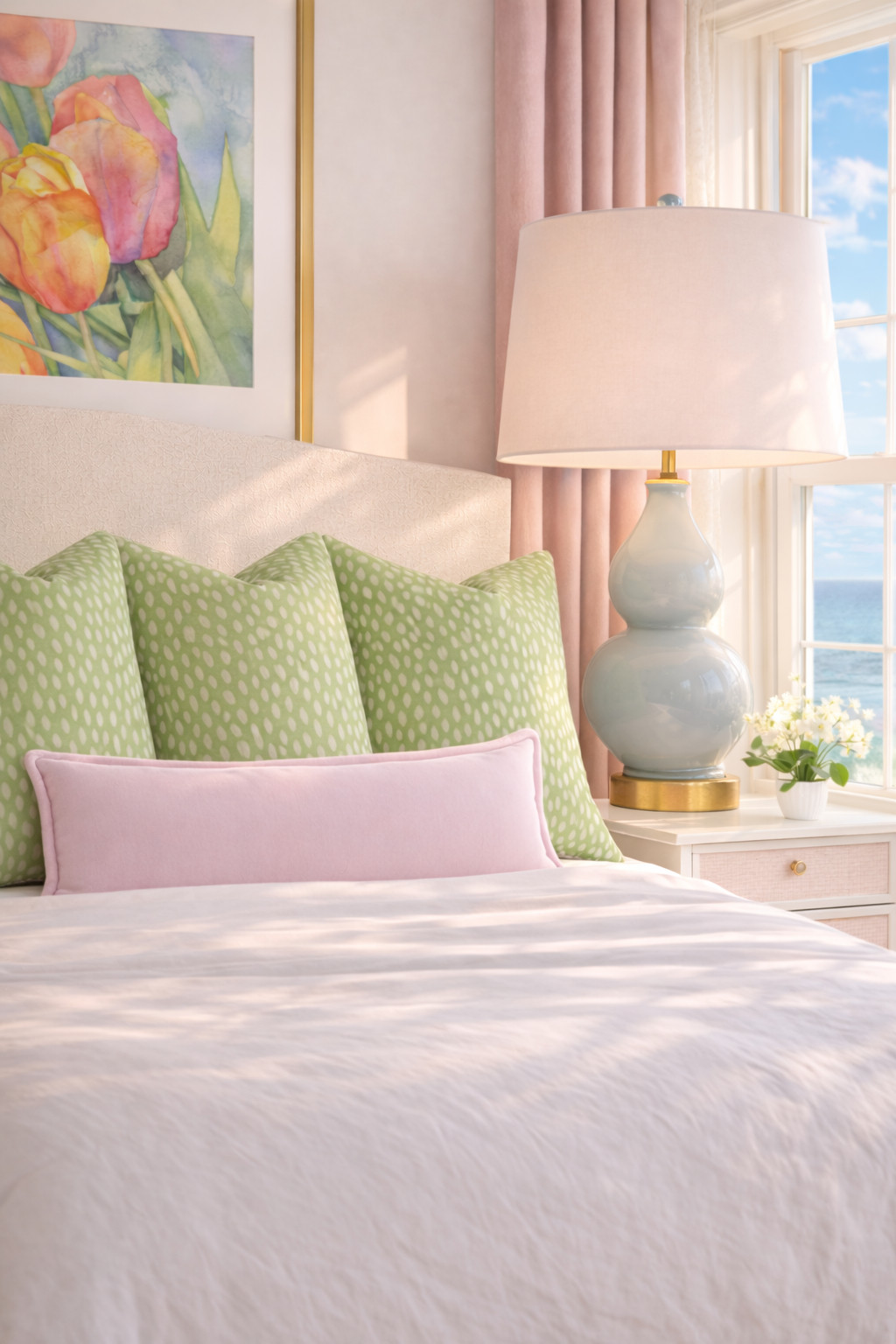 SUNLIT COASTAL BEDROOM 🌸🌊✨ coastal bedroom, beach view bedroom, spring bedroom decor, pastel bedroom, pink and green bedroom, preppy bedroom, girly bedroom aesthetic, soft girl aesthetic room, coastal grandma bedroom, light and airy bedroom, ocean view room, seaside bedroom, chic bedroom styling, classic bedroom decor, timeless bedroom style, layered bedding, decorative pillows, green patterned pillows, lumbar pillow styling, blush accents, floral artwork, statement wall art, gold frame decor, bedside styling, nightstand decor, table lamp styling, blue ceramic lamp, pink curtains, sheer light aesthetic, fresh flowers decor, bedroom nook inspo, cozy bedroom vibes, home styling ideas, dorm room inspo, dorm room decor, preppy dorm, sorority dorm decor, college dorm inspo, twin bed dorm setup, shared dorm room, matching beds dorm, symmetrical bedroom design, dorm styling ideas, bedside styling dorm, dorm essentials aesthetic, college apartment decor, University of Alabama dorm, bama dorm decor, SEC style dorm, Tutwiler Hall, Julia Tutwiler, Tut, Soule Hall, Ridgecrest dorms, Bryant Hall, Ole Miss dorm, Hotty Toddy decor, Mississippi State dorm, revolve home 

 

#LTKU #LTKHome #LTKSaleAlert