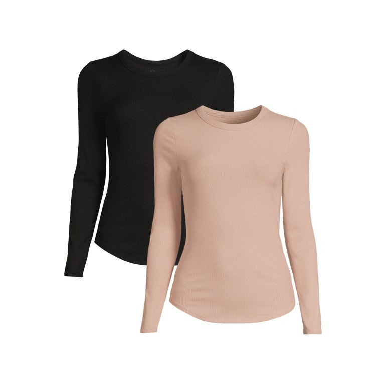 No Boundaries Juniors Ribbed Crewneck Tee with Long Sleeves, 2-Pack, Sizes XS-XXXL | Walmart (US)