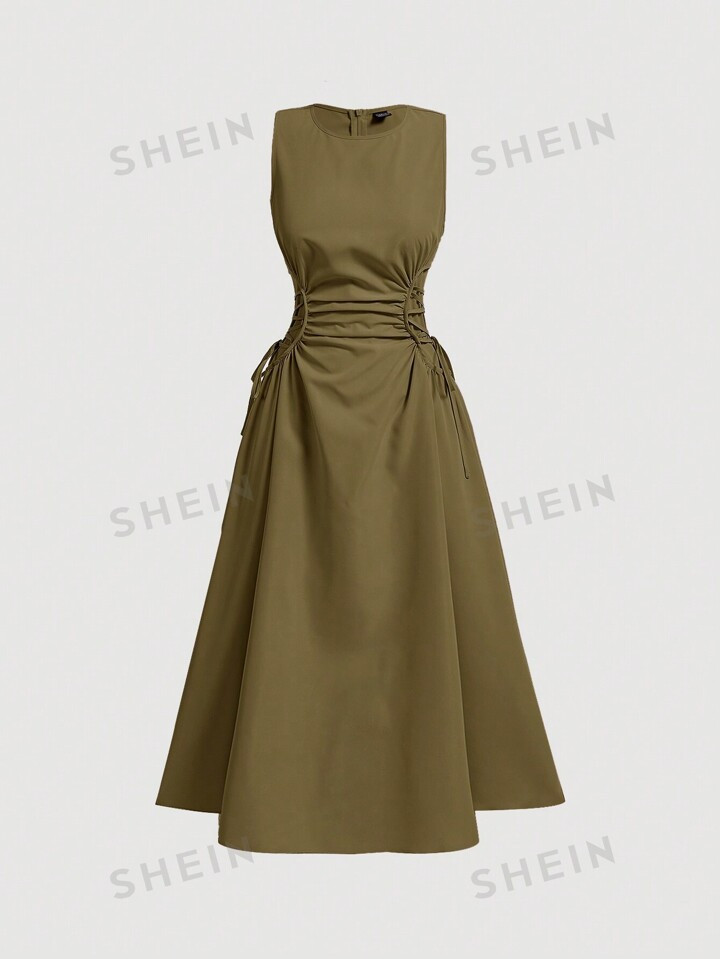 SHEIN MOD Black Date Night Lateral Cross Frenulum Solid Ruched Detail Long Dress | SHEIN