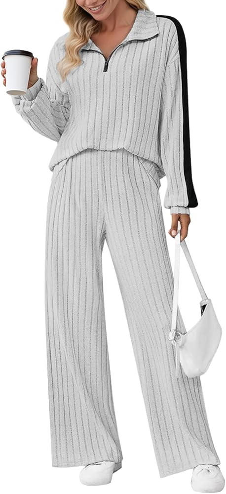 JUSTFASHIONNOW Womens 2 Piece Outfits Ribbed Knit Lounge Sets Cozy Half Zip Sweatsuit Sets Wide L... | Amazon (US)