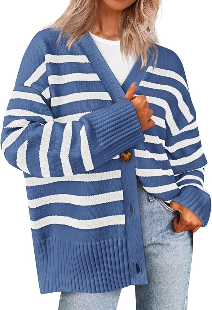 PRETTYGARDEN Women's Long Sleeve Striped Open Front Cardigan Sweaters Button Down Knit Lady Jacke... | Amazon (US)