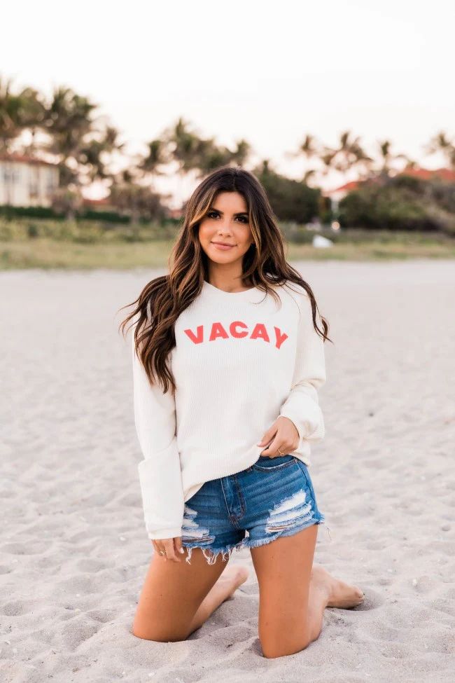 VACAY Block Graphic Corded Ivory Sweatshirt | Pink Lily