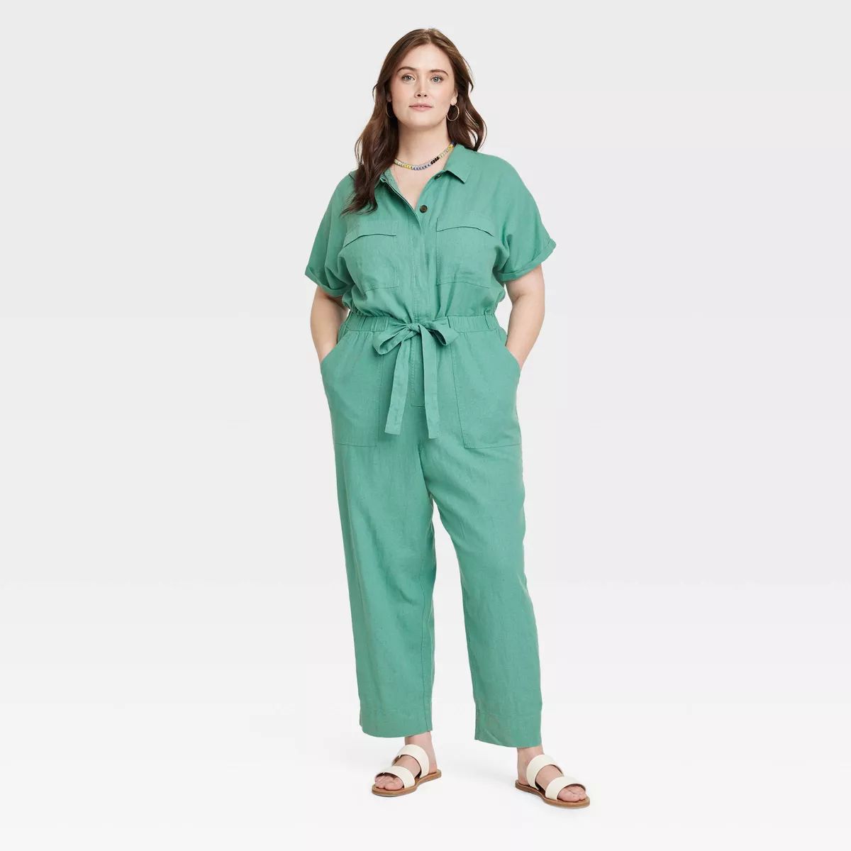 Women's Short Sleeve Linen Boilersuit - Universal Thread™ Green 24 | Target