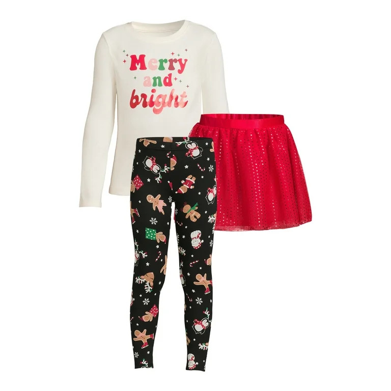 Wonder Nation Girls Christmas Graphic Tee, Leggings and Skirt, 3-Piece Outfit Set, Sizes 4-18 | Walmart (US)