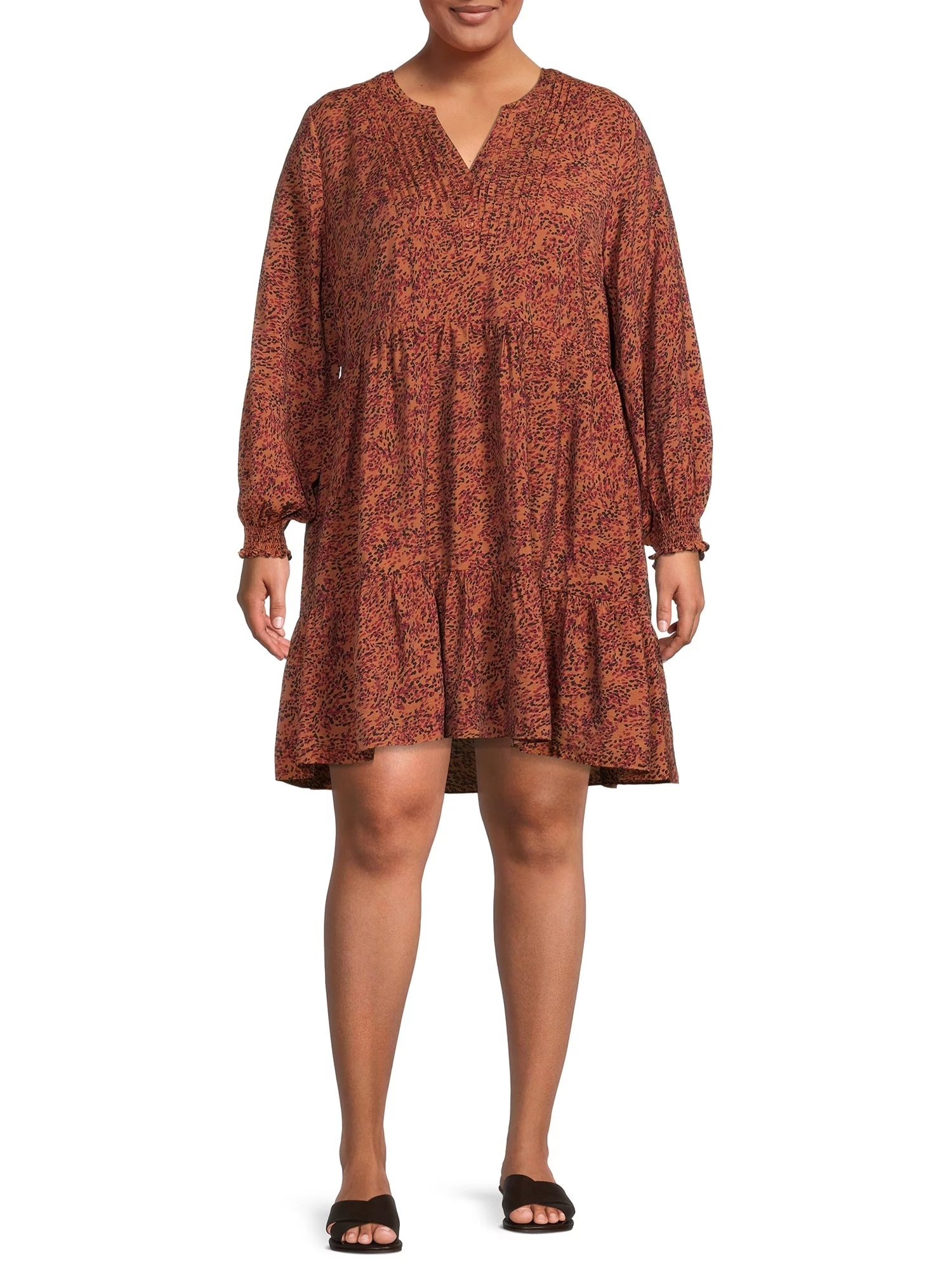 Terra & Sky Women's Plus Size Long Sleeve Pleated Tiered Dress | Walmart (US)